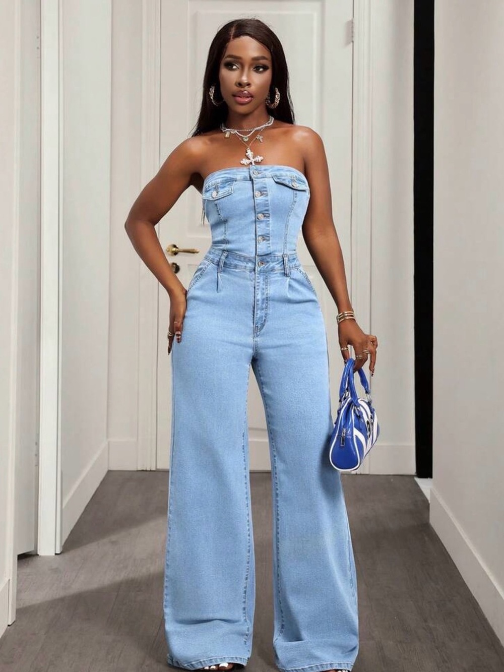 Strapless Light Blue Denim Jumpsuit